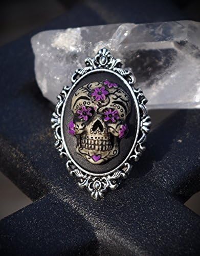 Silver Tone Sugar Skull Purple Flowers Day of the Dead Dia De Los Muertos Hand Made Adjustable Ring