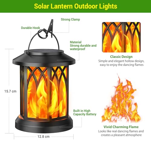 Gearlite Set of 2 Garden Solar Lights for Hanging Outdoors, Solar Lanterns with Realistic Flame Effects, IP65 Waterproof, Lights with Clips, for Yard, Halloween, Garden Decoration, Balcony