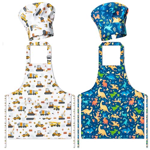 GROBRO7 4Pcs Kids Apron and Chef Hat Set Gift for Girls Boys, Dinosaurs Construction Vehicles Adjustable Kitchen Cooking Child Aprons with 2 Pockets Waterproof Smocks for Baking Painting Crafting