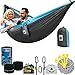 Double Camping Hammock BLUE With Straps – UNIQUE 4in1│Complete Fast Setup Hammock Bundle, Waterproof, Lightweight Parachute Nylon, in Compression Tree Sack BLUE