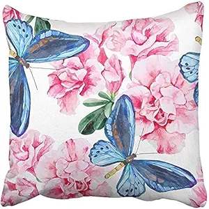 Fashion Funny Throw Pillow Cover Square Colorful Butterfly Pink Azalea and Blue Butterflies Hand Watercolor Flower Floral Paint Cushion Pillowcase for Home,Indoor,Bed,Garden,Car,Office Decoration