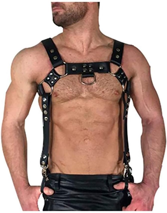 Leather Harness Men Adjustable Buckle Straps Body Harness Chest Belt, Black 01