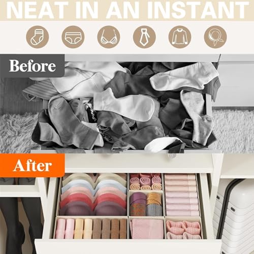 Beauenty Drawer Organizer, 12 Pack Closet Organizers and Storage, Underwear Organizers, Foldable Dresser Dividers, for Underwear, Socks, Clothes, Bras, Pants, Jeans(Beige) (12)