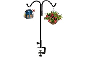 Koutemie 40 Inch Tall Double Deck Hook for Railing, Adjustable Outdoor Shepherds Hook with 2-Inch Strengthened Clamp for Hanging Plant Bird Feeder, 1 Pack