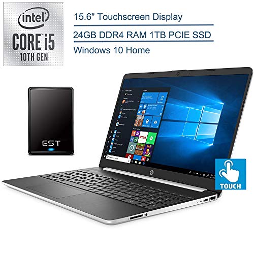2020 HP 15.6″ Touchscreen Laptop Computer, 10th Gen Intel Quard-Core i5 1035G1(Beats i7-7500U), 24GB DDR4 RAM, 1TB PCIe SSD, AC WiFi, Silver, Windows 10 Home + EST 500GB External Hard Drive