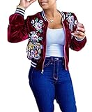 Lovaru Women's Fashion Velvet Rose Embroidery Biker Patchwork Baseball Bomber Jacket
