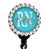 Retractable Badge Reel - RN Blue with Swarovski Rhinestones - Personalized Name - Badge Holder