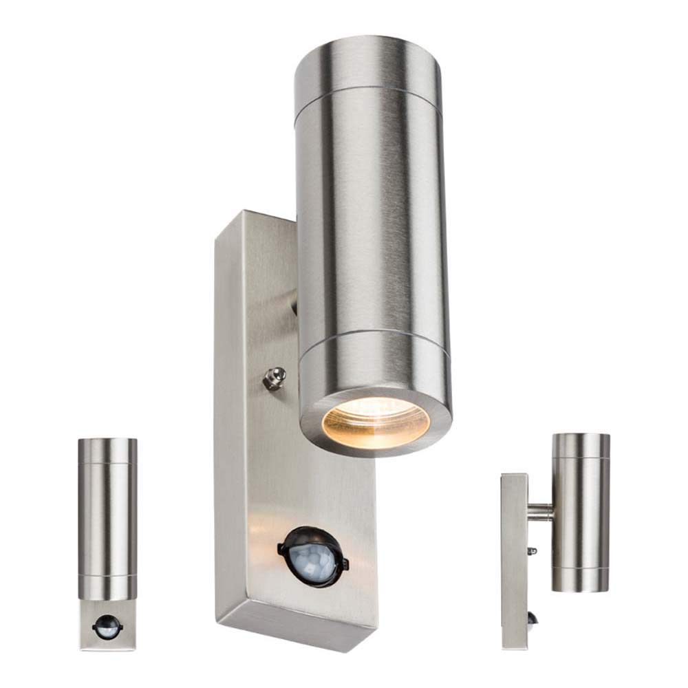 Knightsbridge WALL4LSS 230V IP44 2 X GU10 STAINLESS STEEL UP/DOWN WALL LIGHT - PIR