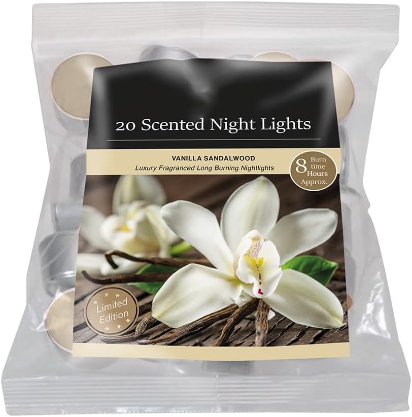 Fresh Scented Tealight Candles – Refreshing & Soothing Fragrances | Up to 8-Hour Burn Time | Premium Quality Decorative Tealights for Home Decor (Vanilla Sandalwood - Packs of 20)
