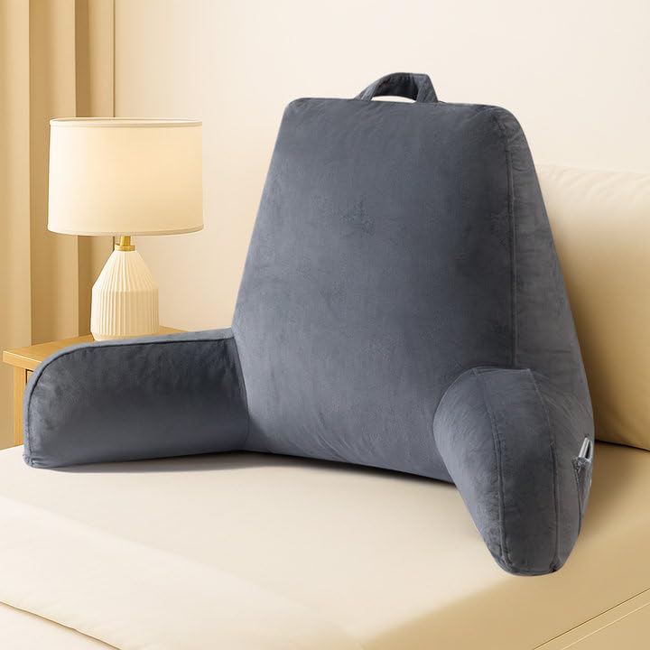 Photo 1 of Reading Pillow for Sitting in Bed Adult, 18" H for Bed Sitting Up with Shredded Memory Foam, Back Support with Washable Cover, Backrest Pillow with Extend Arms, Gery, Large