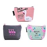 Koolemon Cute Flamingo Coin Purse Canvas Cosmetic Organizer Pouch Zipper Bag for Card Jewelry Key,Pack of 3