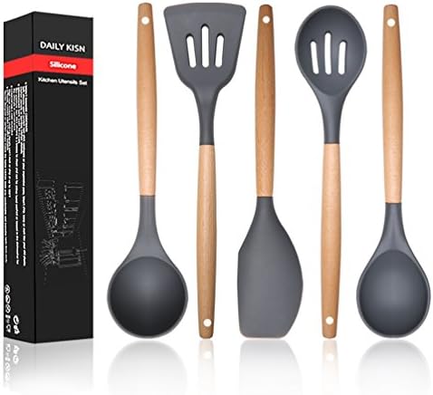 5 pcs Silicone Kitchen Utensil Set - Nature Wood Handle Spatula Cookware(Ladle/Slotted Turner/Spatula/Slotted Spoon/Spoon), Nonstick Kitchen Tools for Cooking/Baking/BBQ/Mixing, 2018 New Arrival