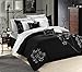 Chic Home 8-Piece Embroidered Comforter Set Complete Embroidery Pattern Bag with Bed Skirt and Decorative Pillows Shams, King, Floral Black White