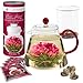 Teabloom Christmas Flowering Tea Gift Set - Stovetop Safe Glass Teapot with Removable Loose Leaf Tea Glass Infuser (34 oz) - 12 Heart-Shaped Blooming Tea Flowers Included