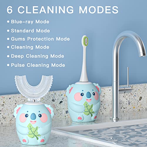 ELOTAME Kids U Shaped Electric Toothbrush with 4 Brush Head,Cartoon Koala Auto Sonic Toothbrush for Children Age 8-15,360° Full Mouth Cleaning Animal Toddler Automatic Toothbrushes with Travel Cup