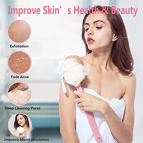Houkiper Body Bath Shower Brush with Bristles and Loofah Sponge Back Scrubber Bath Mesh Sponge with Curved Long Handle for Skin Exfoliating Bath Massage Suitable for Wet or dry, Men and Women - Thumbnail 3