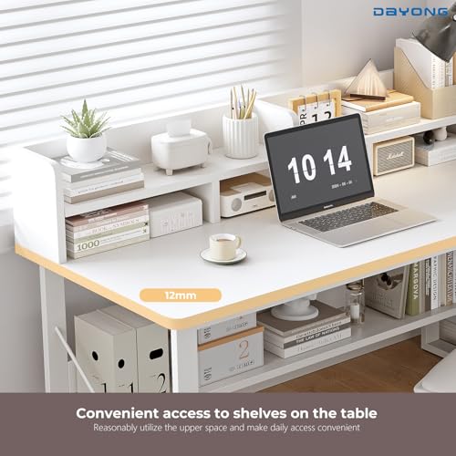 DAYONG Modern Minimalist Study Desk with Bookshelf, 100CM Computer Table with Multi-Level Storage, PC Gaming Workstation Home Office Writing Desks (White-100cm)