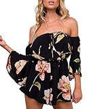 Relipop Women's Summer Floral Off Shoulder 3 4 Sleeves Romper Jumpsuit (Large, Black)