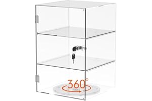 BSRTOP Clear Acrylic Countertop Display Case: 3-Tier Showcase with Lock Key - Detachable Rotating Display Cabinet Suitable for Figures Rock Collectibles (9.45x9.45x14.37inch)