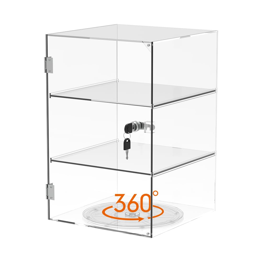 Photo 1 of Clear Acrylic Countertop Display Case: 3-Tier Showcase with Lock Key - Detachable Rotating Display Cabinet Suitable for Figures Rock Collectibles(9.45x9.45x14.36inch)