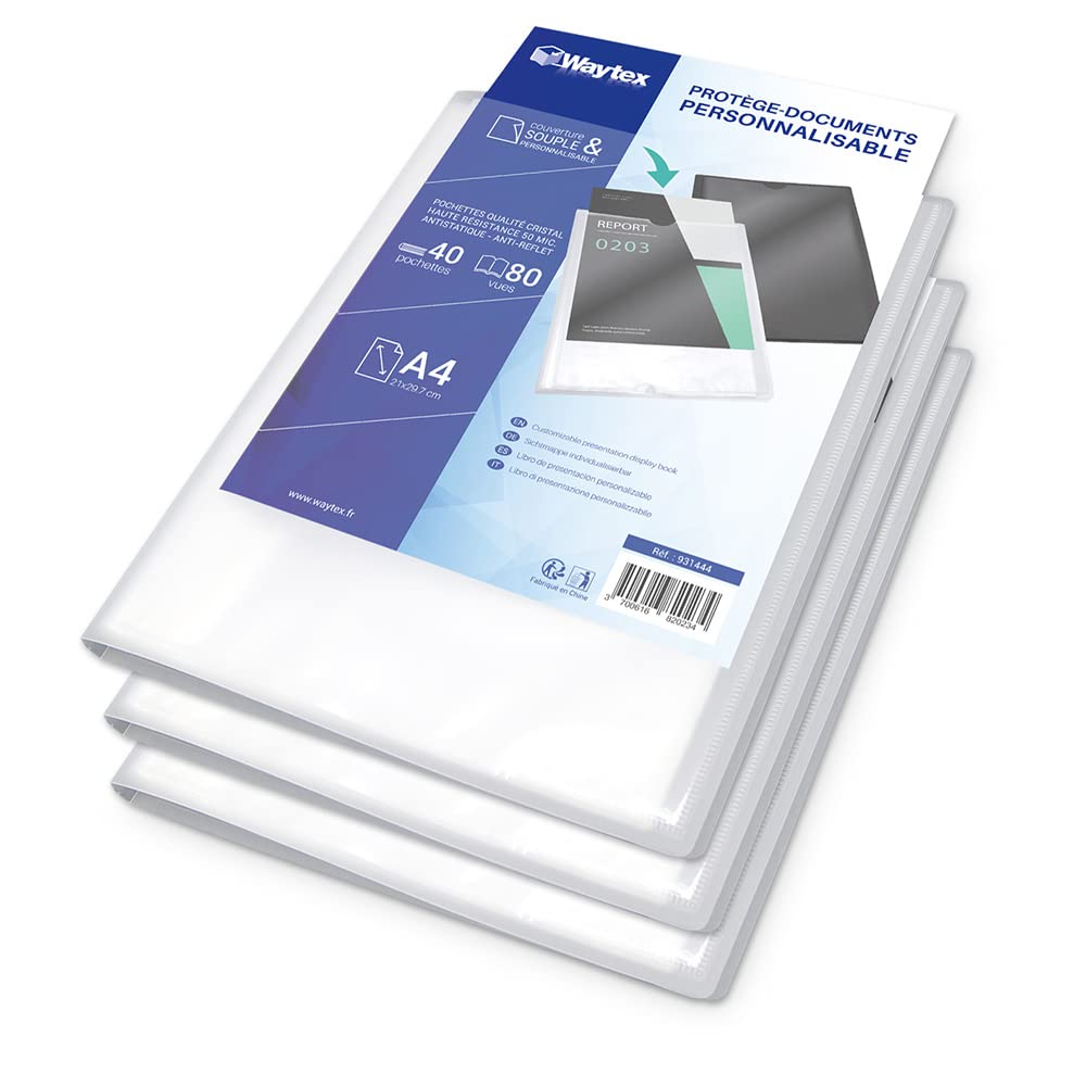 WAYTEX 931444P Document Protector A4 Customisable (Pack of 3) 80 Views 40 Pockets Polypropylene Cover Transparent