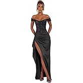 zoteno Women's Off Shoulder Sequin Prom Dresses 2026 with Slit Ruffle Long Mermaid Satin Pleated Bodycon Formal Evening Gowns
