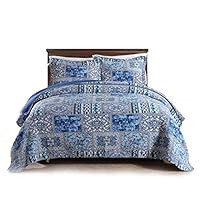 PERYOUN 3-Piece Quilt Set Pure Cotton, Bedspread Set, Finely Stitched, Coverlet Bed-Cover, Washable Durable, Queen Size (Turquoise Blue White)