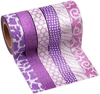 Crafty Rolls Decorative Glitter Washi Tape Set of 6 Perfect for Scrapbooking, DIY Crafts and Gift Wrapping - Large 10 Meter Length - Geometric, Striped, Circles and Solid Designs - Purple / Pink