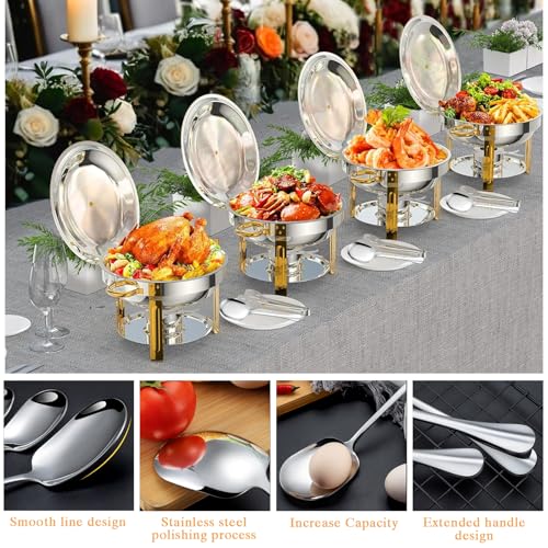 AUUCFW Chafing Dish Buffet Set, 4.5 Liter, Stainless Steel Buffet Set, Round Catering Warmer with Lid Water Tray Holder Fuel Rack Lid Shelf Spoon for Any Party(4 Pcs)