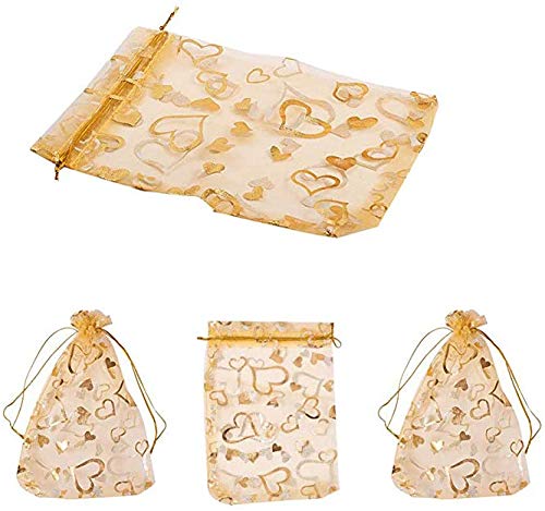 YANGWEN 50Pcs Organza Jewelry Pouches, Gold Heart Print Organza Bags Gift Pouches with Drawstring 9x12cm Perfect for Wedding, Christmas, Birthday, Anniversary