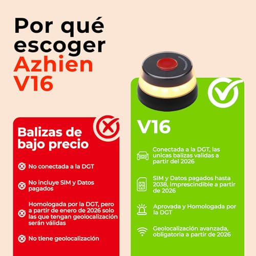 Azhien DGT Approved Car Emergency Light | Beacon V16 Approved DGT with Geolocation | Car Breakdown Light [Visibility 1 Km] V16 Beacon with GPS,1 Unit (3 AA Batteries Included)