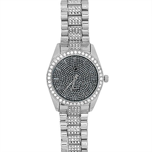 Techno Pave Mens Designer One Row Lab-Created Black and Silver Metal Band Watch