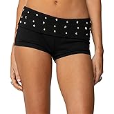 Yuemengxuan Women Rivet Studded Fold Over Mini Shorts Fold Over Low Rise Skinny Micro Shorts Y2K Girls Punk Shorts Bottoms