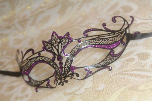 Black Majestic with Purple Glitter Princess Venetian Masquerade Mask with Pink Diamonds