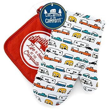 Camco Multicolor Oven Mitt - Red Pot Holder Life is Better at The Campsite Heat Resistant Set Pattern Design, Excellent for RV Kitchens, Camping and More (53259)