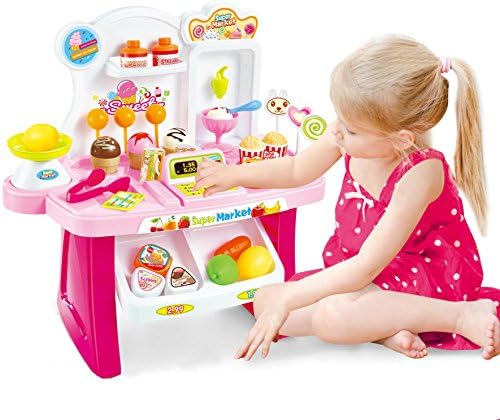 AZT Toy for Toddlers Children Kids Educational Early Development Pretend Play Super-Market Toy Set 34 Pcs(Pink Cashier)
