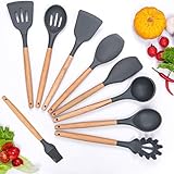 Silicone Cooking Utensils Set, Kitchen Utensil Set Of 9 Packs Wooden Cooking Utensils, Rubber Spatula Spoon Set Tools For Cooking, Hand Wash, Grey