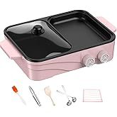 Electric Grill Indoor Hot Pot with Glass Lid &amp; Removable Non-Stick Grill Plate,Separate Dual Temperature Contral, for 2-8 People Family Gathering Friend Meeting Party (pink)