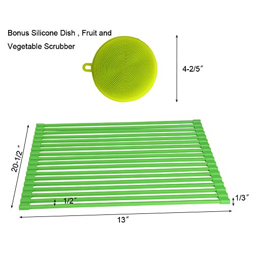 ISINO Multipurpose Countertop Draining Rack , Handy Drain Board Mat Dish Scrubber , Green