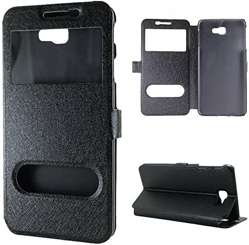 LUSHENG Case for Samsung Galaxy J7 Prime,[Clear Window View] Premium Leather Flip Cover Silk Texture Case with Kickstand - Black