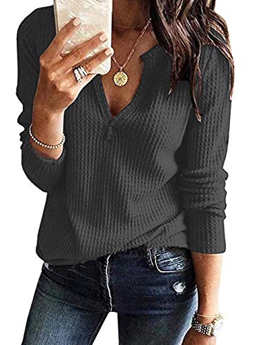 BLUETIME Womens V Neck Tunic Shirts Long Sleeve Waffle Knit Loose Fitting Casual Warm Tee Tops (S, Dark Gray)