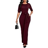 Jumpsuits for Women Dressy Formal Elegant Round Neck Half Sleeve Wide Leg Long Pants Rompers Business Casual Outfits