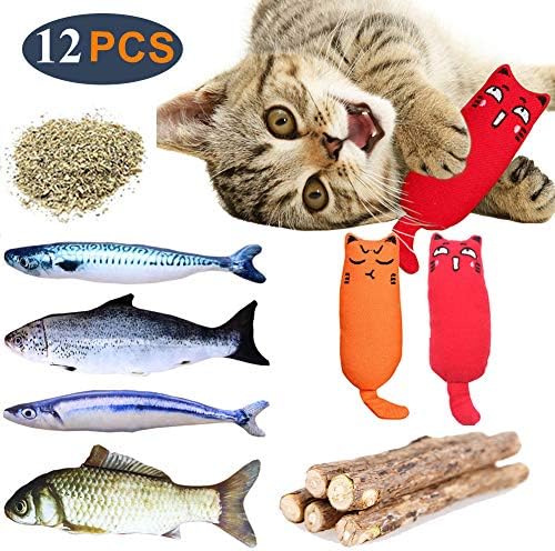 Yosbabe 12Pcs Cat Catnip Toys for Cat Playing Chewing Teeth Cleaning Catnip Fish Cat Toys Teeth Grinding Chew Toys Matatabi Cat Chew Sticks with Free Catnip for Cat Puppy Kitty Kitten Ferret Rabbit