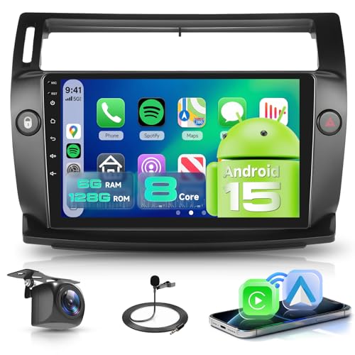 【8 Cœur 6+128G】 pour Citroën C4 2004-2010 Autoradio avec CarPlay sans Fil Android Auto, Ecran Tactile IPS 9'' avec Radio FM/RDS, GPS, Bluetooth 5.0, Caméra de Recul,Noir