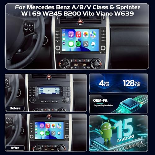 4+128GB Android Car Radio for Mercedes A/B/V Class & Sprinter W906 W169 W245 B200 Vito Viano W639 Aftermarket Radio Upgrade with CarPlay, Android Car, GPS, WiFi, Rear Camera