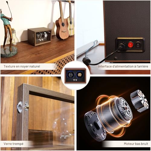 BeSokar 2 Watch Winder Black Walnut Wood 4 Rotation Modes LED Light Ultra Quiet