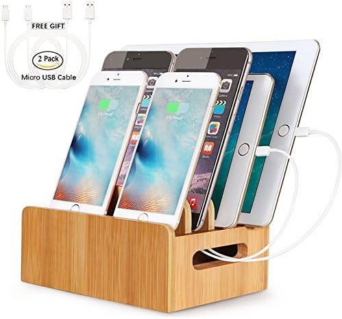 Bamboo Charging Docking Station 4 Port Desk Cable Organizer for Multiple Devices Desktop Phone Stand Holder Mount Compatible with iPhone 11 Pro Max XS XR X Max 8plus Samsung S10 S9 Google Pixel LG iPa