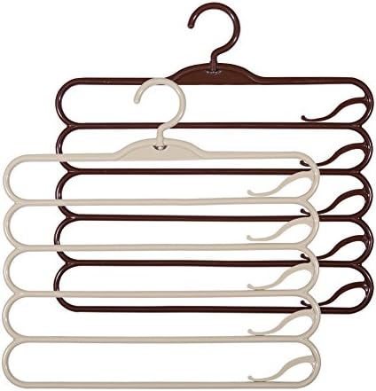 Trousers Rack,Pants Hanger Garment Collection Storage 5 Layer Hangers with Clothespins (Beige+Brown 2Pack)