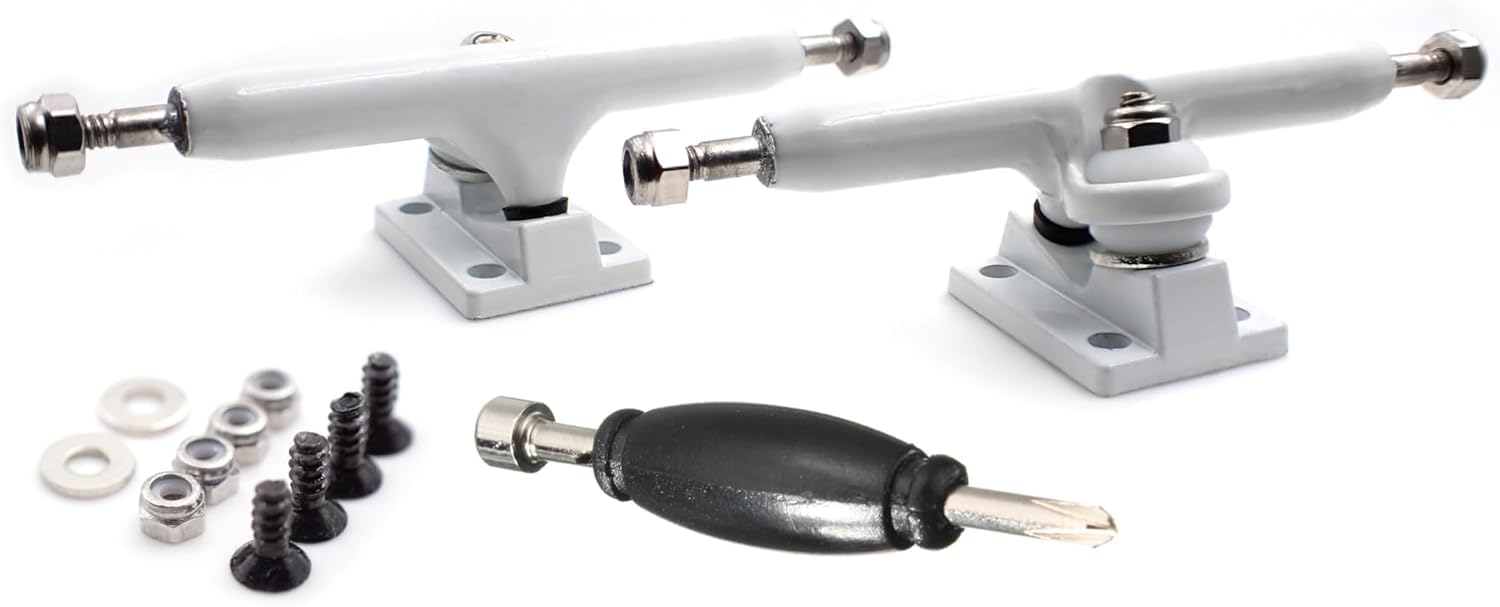 SPITBOARDS 32 mm Fingerboard Pro Trucks by, Real Lock Nuts, Single Axis, Kingpins, Rubber O-Ring Urethane Bushings, Optimised Hanger, Width 32 mm for Fingerboard Tuning & Assembling (White)