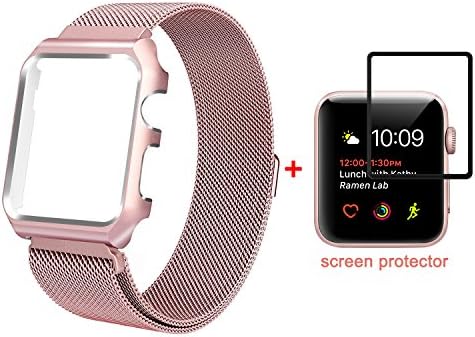 ALNBO for Apple Watch Band Replacement Wrist Band with Metal Protective Case for Apple Watch Series 3 Series 2 Series 1 Sport&amp;Edition (Rose gold with screen protector 42mm)